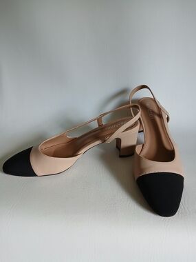 Tan and Black Two-Tone Slingback Block Heels Sz10M 2" Block Heel